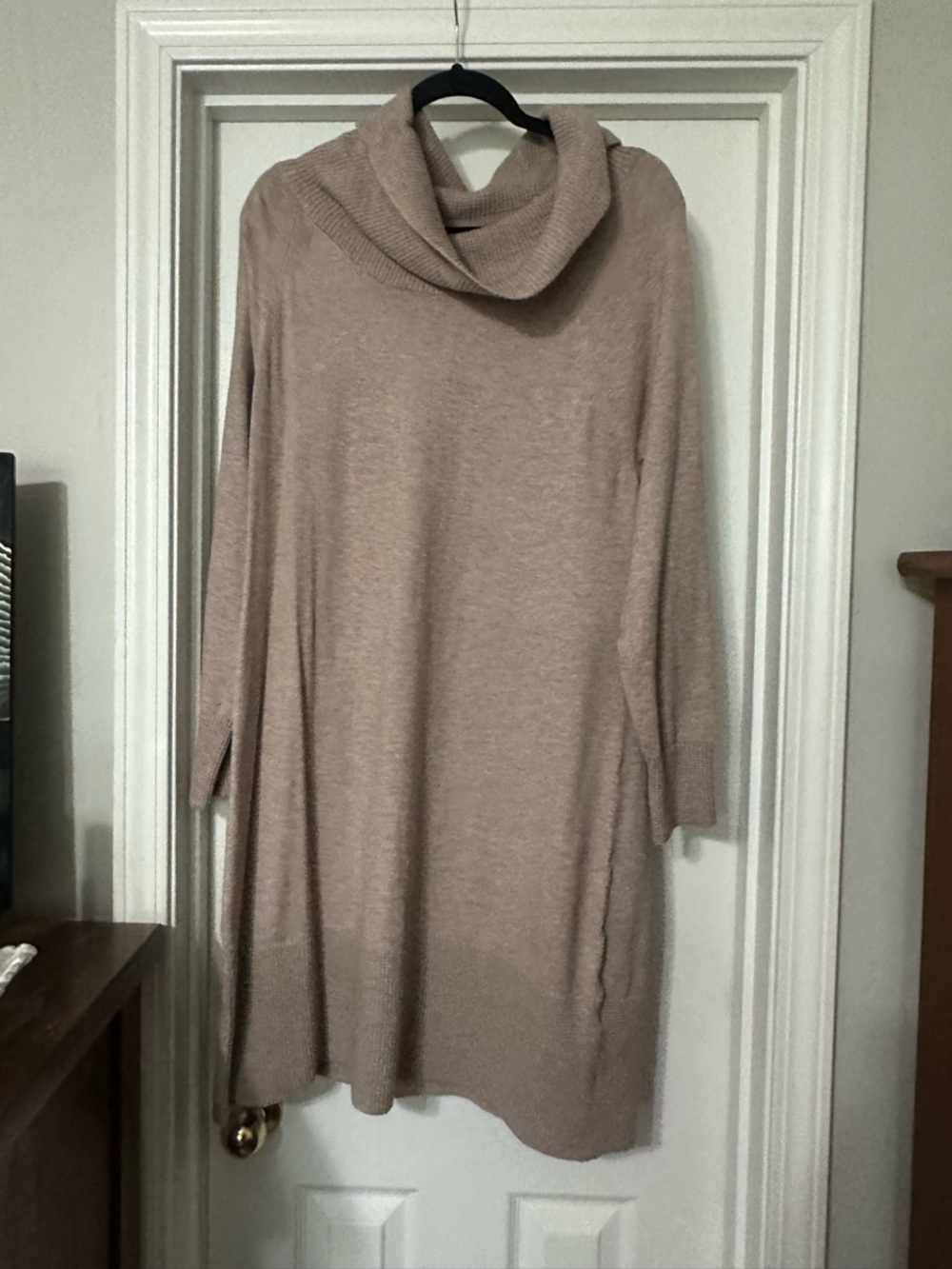 Cyrus Cozy Cowl Neck Sweater Dress in Light Taupe